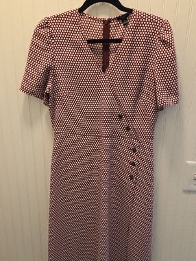 Ann Taylor Burgundy and White Polka-Dot Wrap-Style Midi Dress